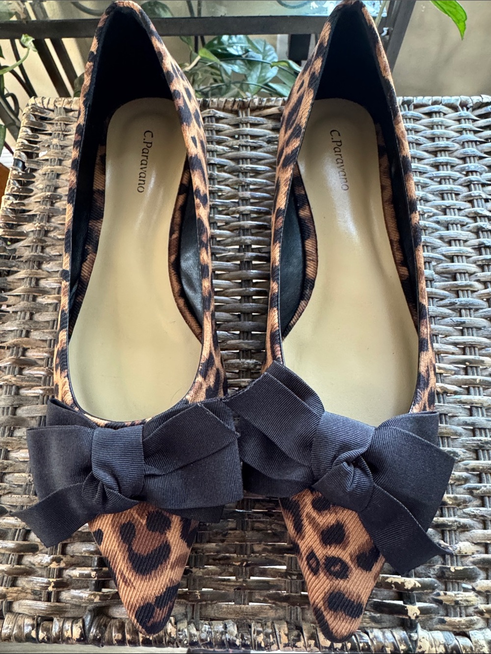 C. Paravano Leopard Print Pointed Toe Flats with Black Bow women’s size 39- 8.5